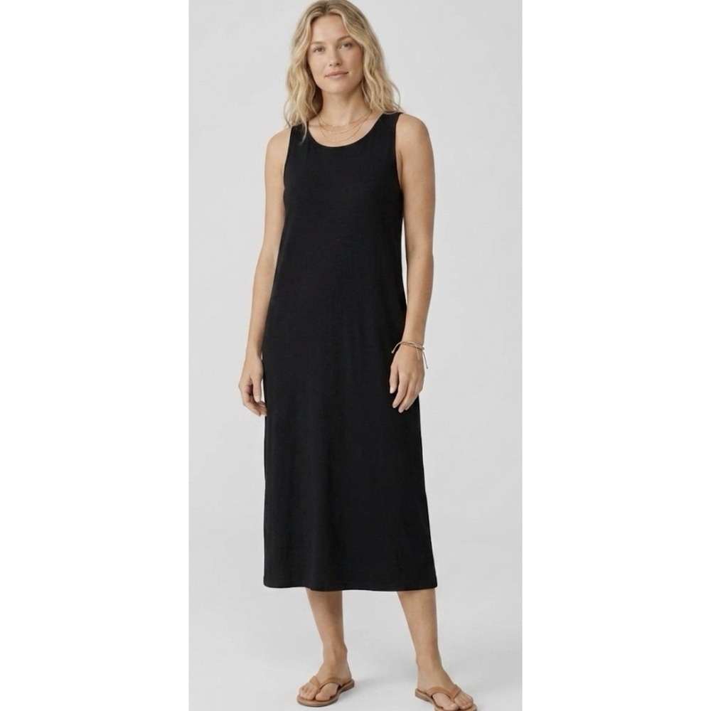 Eileen Fisher Black Jewel Neck Stretch Jersey Knit Tank Midi Dress Size Medium